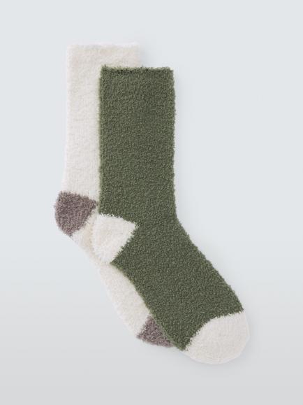 John Lewis Fluffy Bed Socks, Khaki/Ivory, Pack of 2, Khaki/Ivory