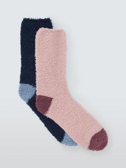 John Lewis Fluffy Bed Socks, Navy/Pink, Pack of 2, Navy/Pink