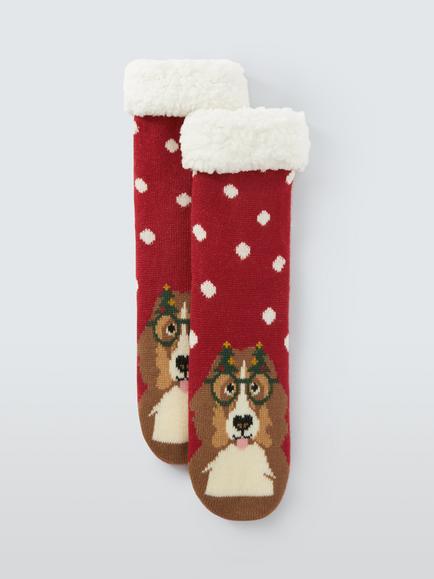 John Lewis Spaniel Fleece Lined Slipper Socks, Red