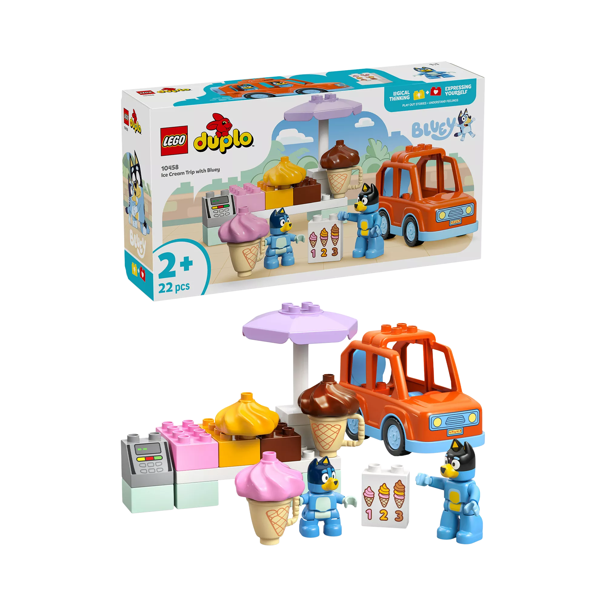 LEGO DUPLO Bluey Ice Cream Trip set with orange car, umbrella stand, two figures and ice cream cones, 22 pieces