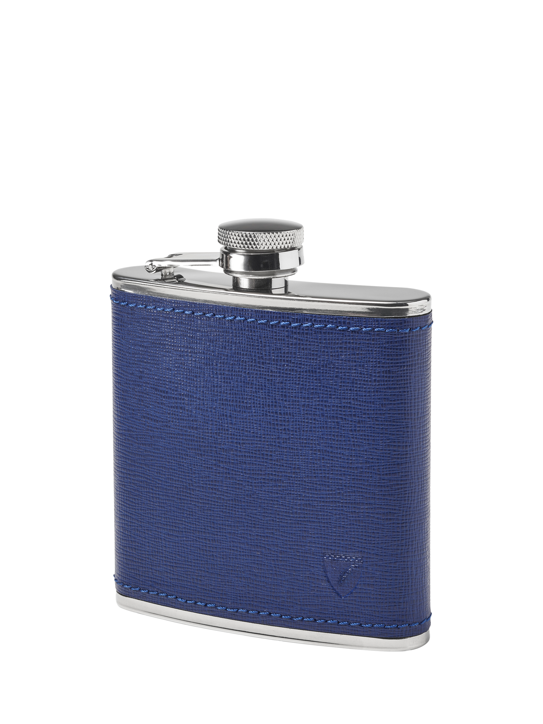 Aspinal of London Classic Saffiano Leather Stainless Steel Hip Flask, Caspian Blue