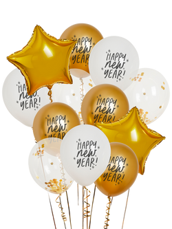Hootyballoo Happy New Year Balloons, Pack of 12, Gold/White, Multi Gold