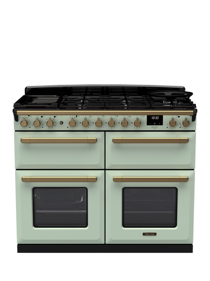 Rangemaster Estel Deluxe 110cm Dual Fuel Range Cooker with Gas Hob, Mint/Antique Brass