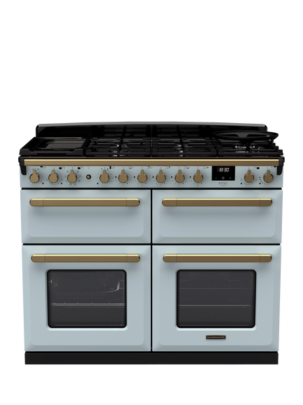 Rangemaster Estel Deluxe 110cm Dual Fuel Range Cooker with Gas Hob, Misty Blue/Antique Brass