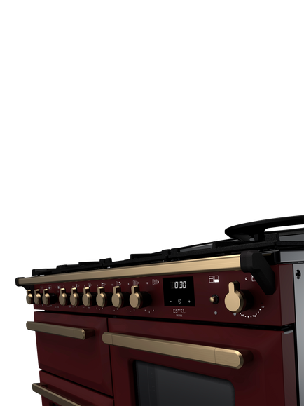 Rangemaster Estel Deluxe 110cm Dual Fuel Range Cooker with Gas Hob - view 2, Bordeaux/Antique Brass