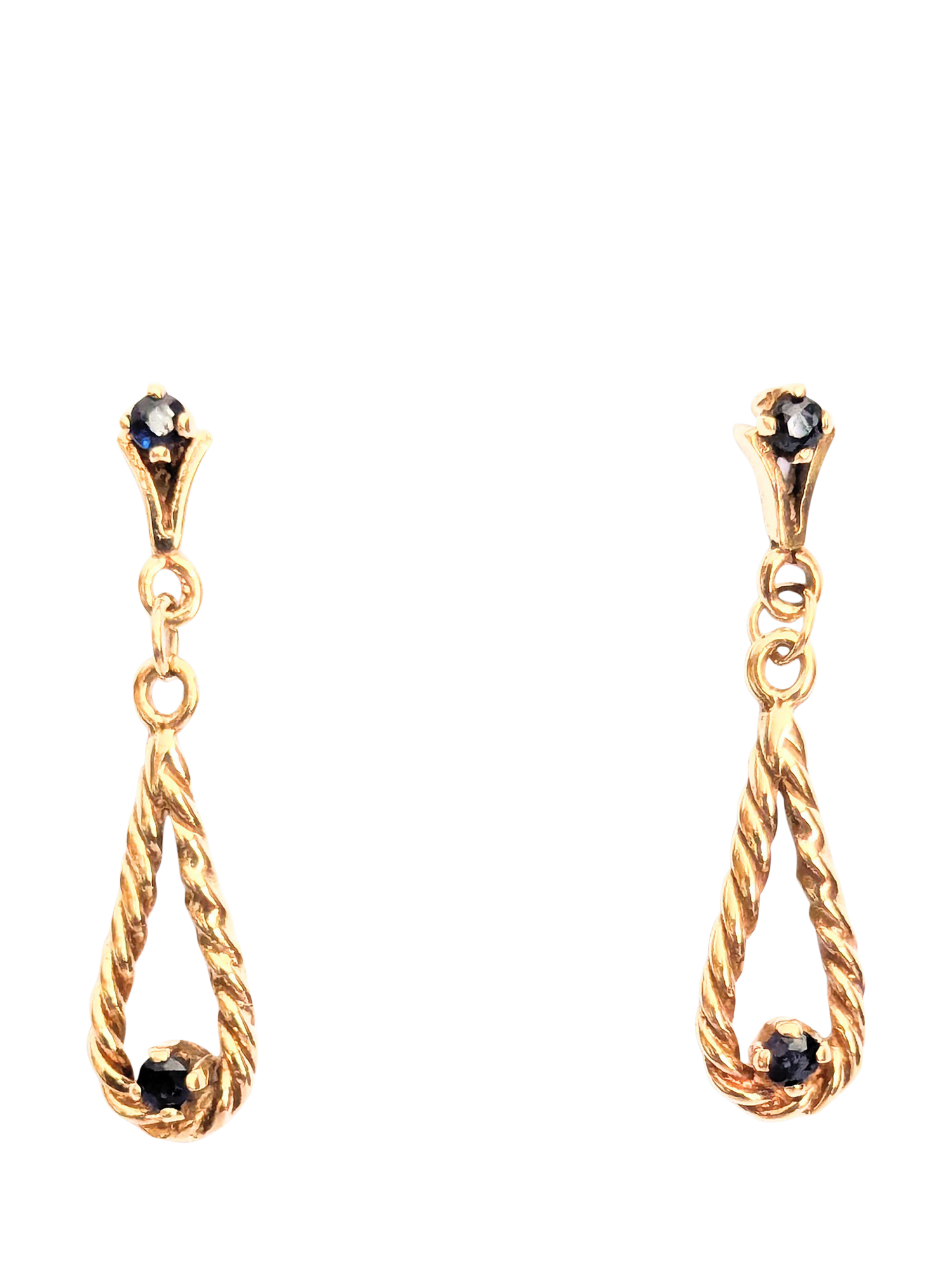 Product image 1 of 1, which shows L & T Heirlooms Pre-Loved 9ct Yellow Gold Rope Twist Sapphire Drop Earrings
