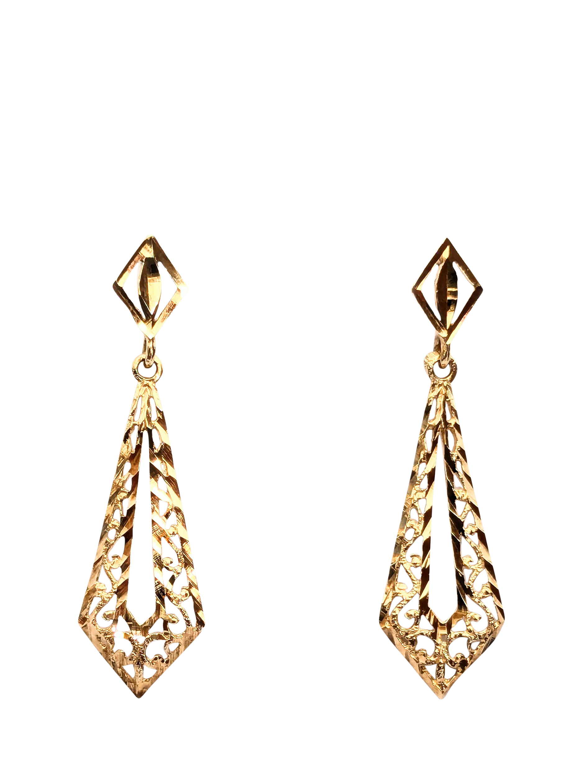 Product image 1 of 1, which shows L & T Heirlooms Pre-Loved 9ct Yellow Gold Diamond Cut Filigree Drop Earrings