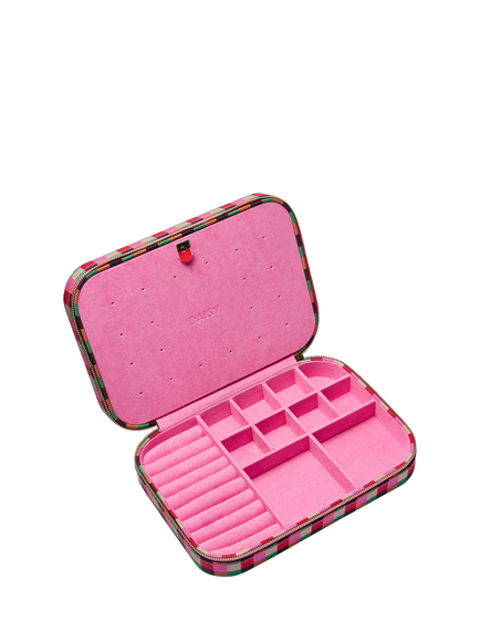 Daisy London x Shrimps Grid Print Compact Jewellery Case, Multi, Pink