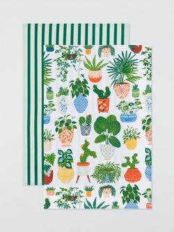 Ulster Weavers Plants & Striped Print Cotton Tea Towels, Set of 2, Green/Multi, Multi