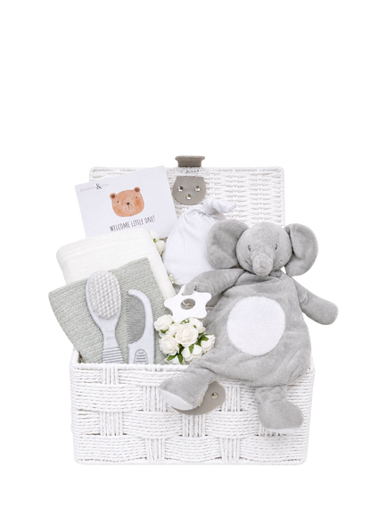Bumbles & Boo Little Elephant Adventures Baby Hamper with Personalised Card, Grey & White