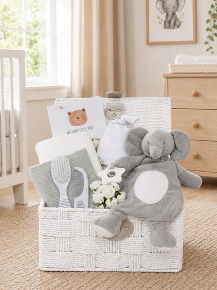 Bumbles & Boo Little Elephant Adventures Baby Hamper with Personalised Card - view 2, Grey & White