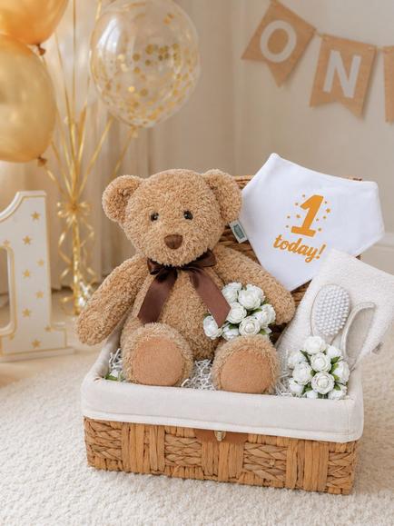 Bumbles & Boo Teddy's 1st Birthday Hug Gift Hamper with Personalised Card - view 2, Brown & White