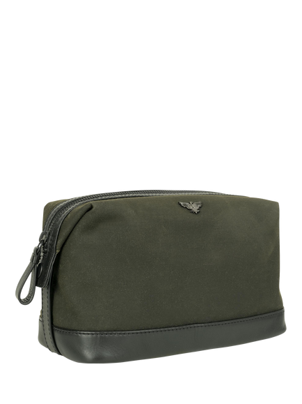 Apatchy The Cavendish Waxed Canvas & Leather Wash Bag,  Dark Olive/Black - view 2, Dark Olive/Black
