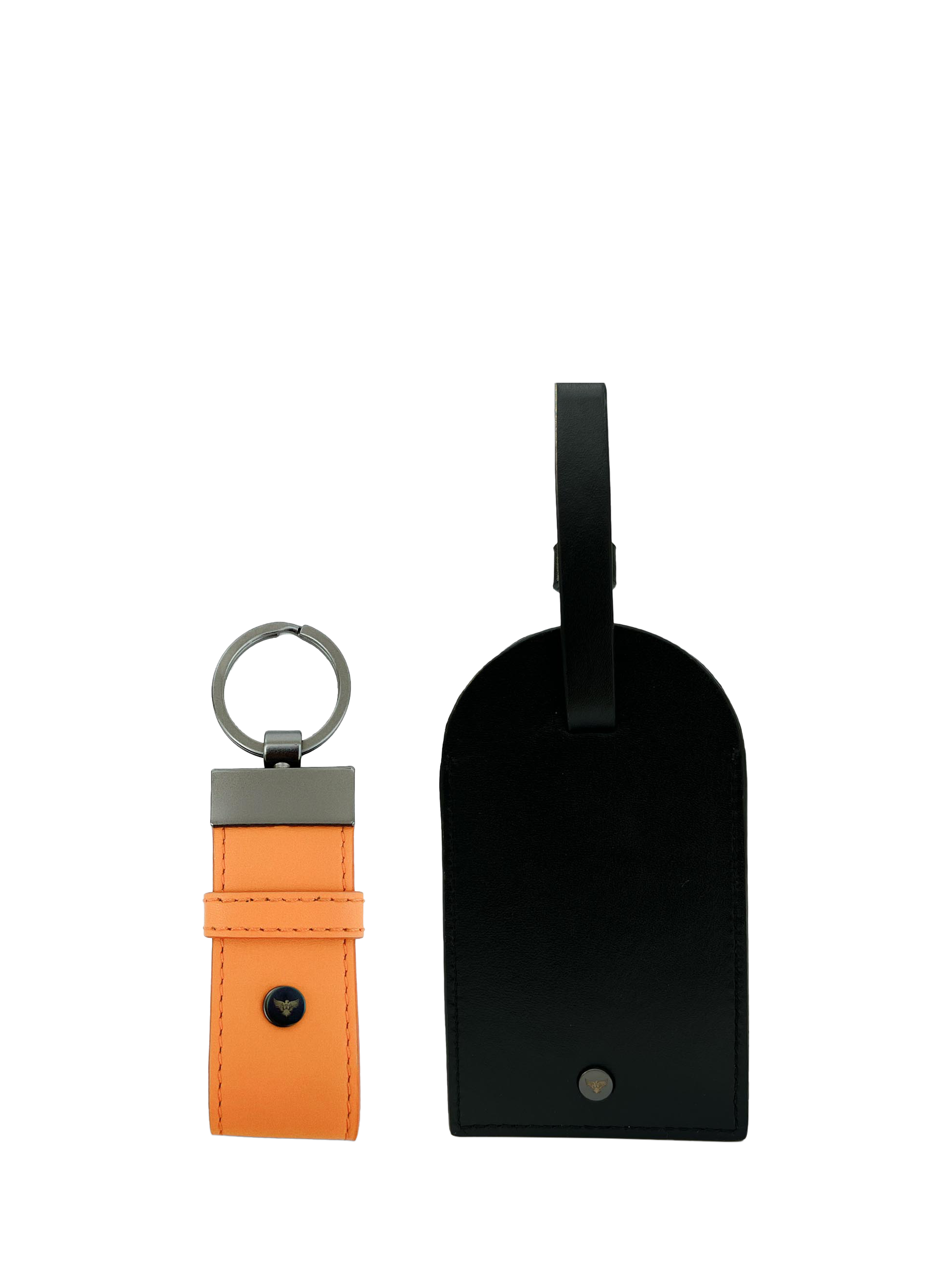 Product image 1 of 5, which shows Apatchy London Leather Luggage Tag & Loop Keyring Gift Set, Black/Orange