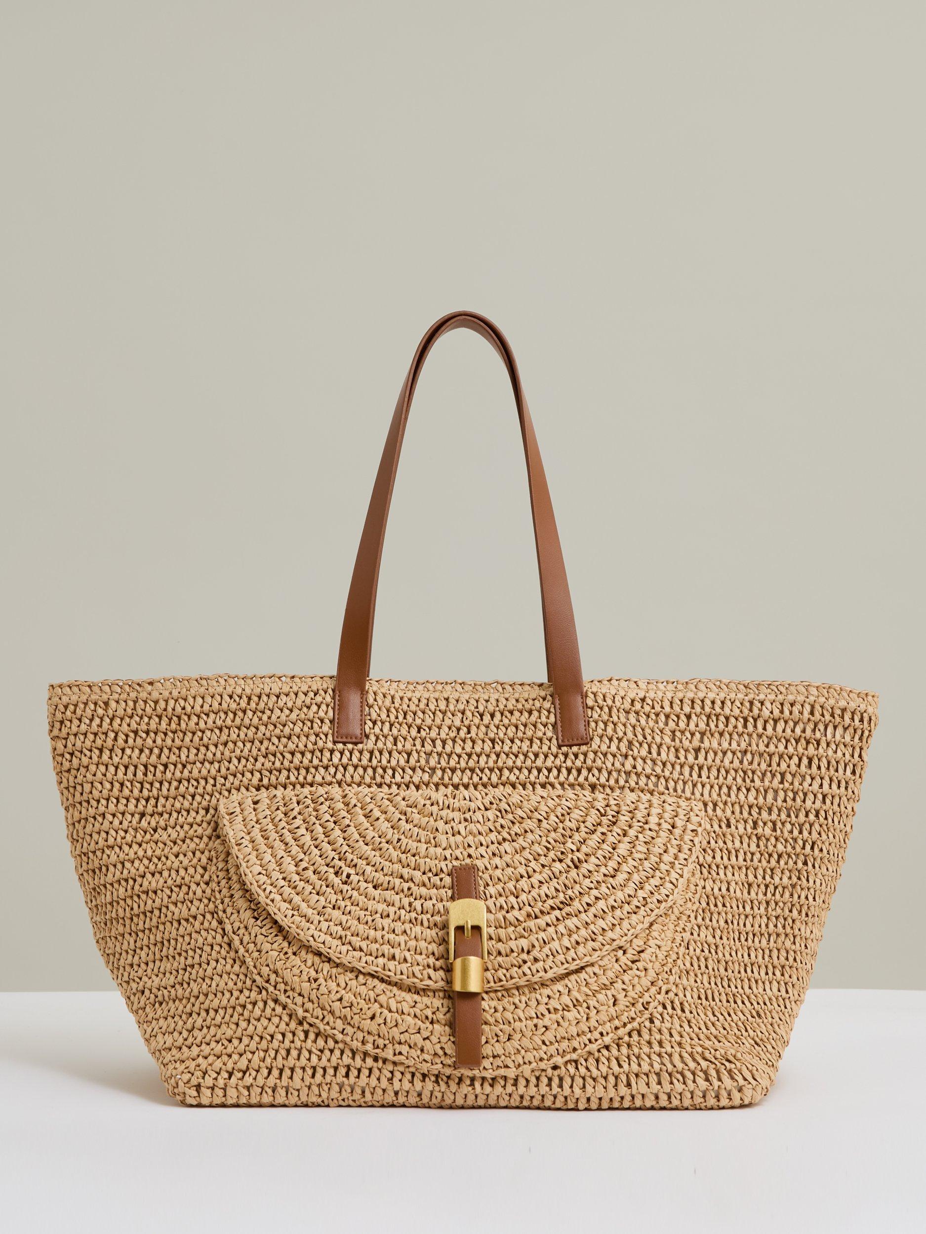 Product image 1 of 5, which shows Reiss Aurora Raffia Flap Pocket Tote Bag, Natural