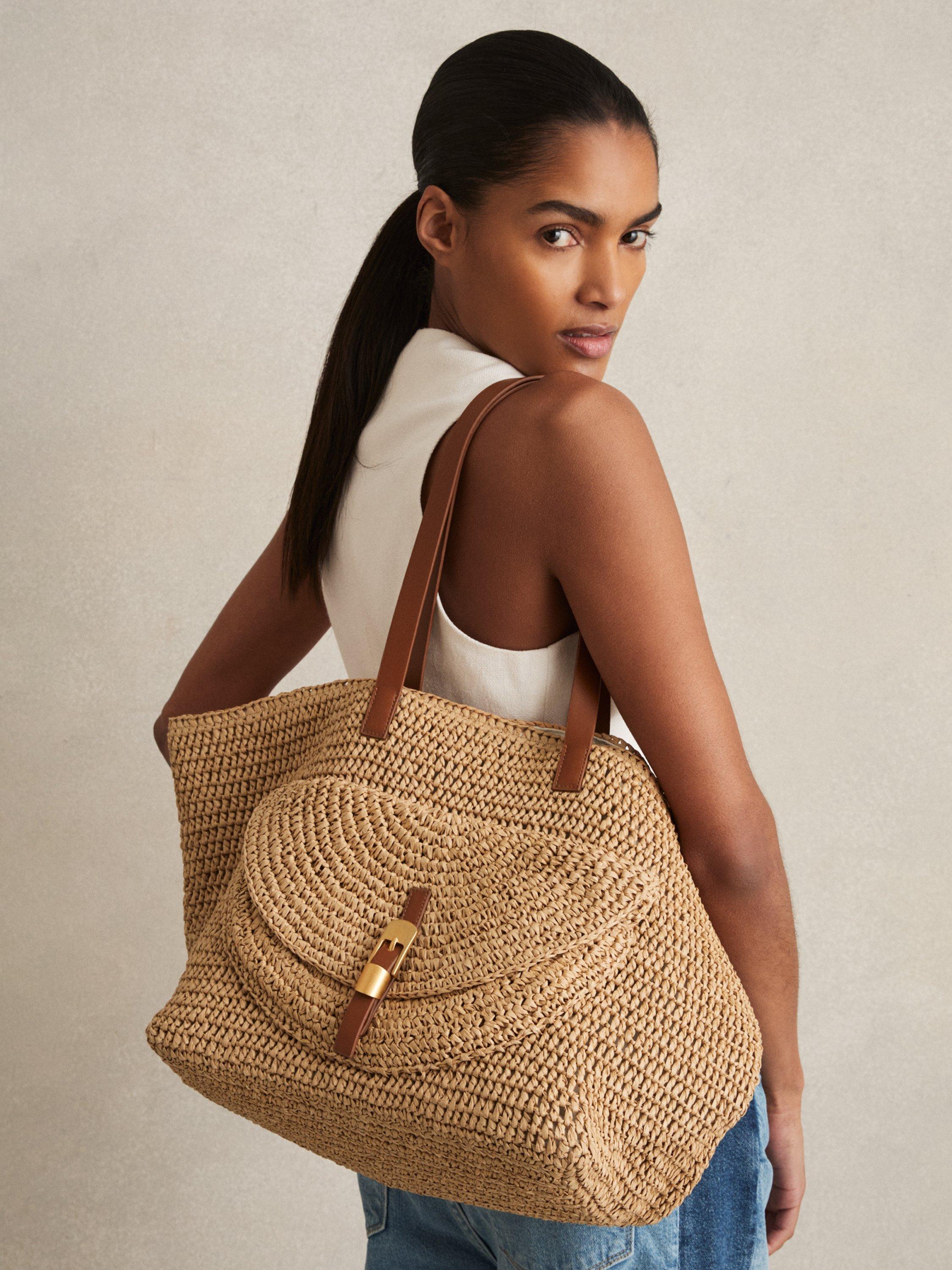 Product image 3 of 5, which shows Reiss Aurora Raffia Flap Pocket Tote Bag, Natural