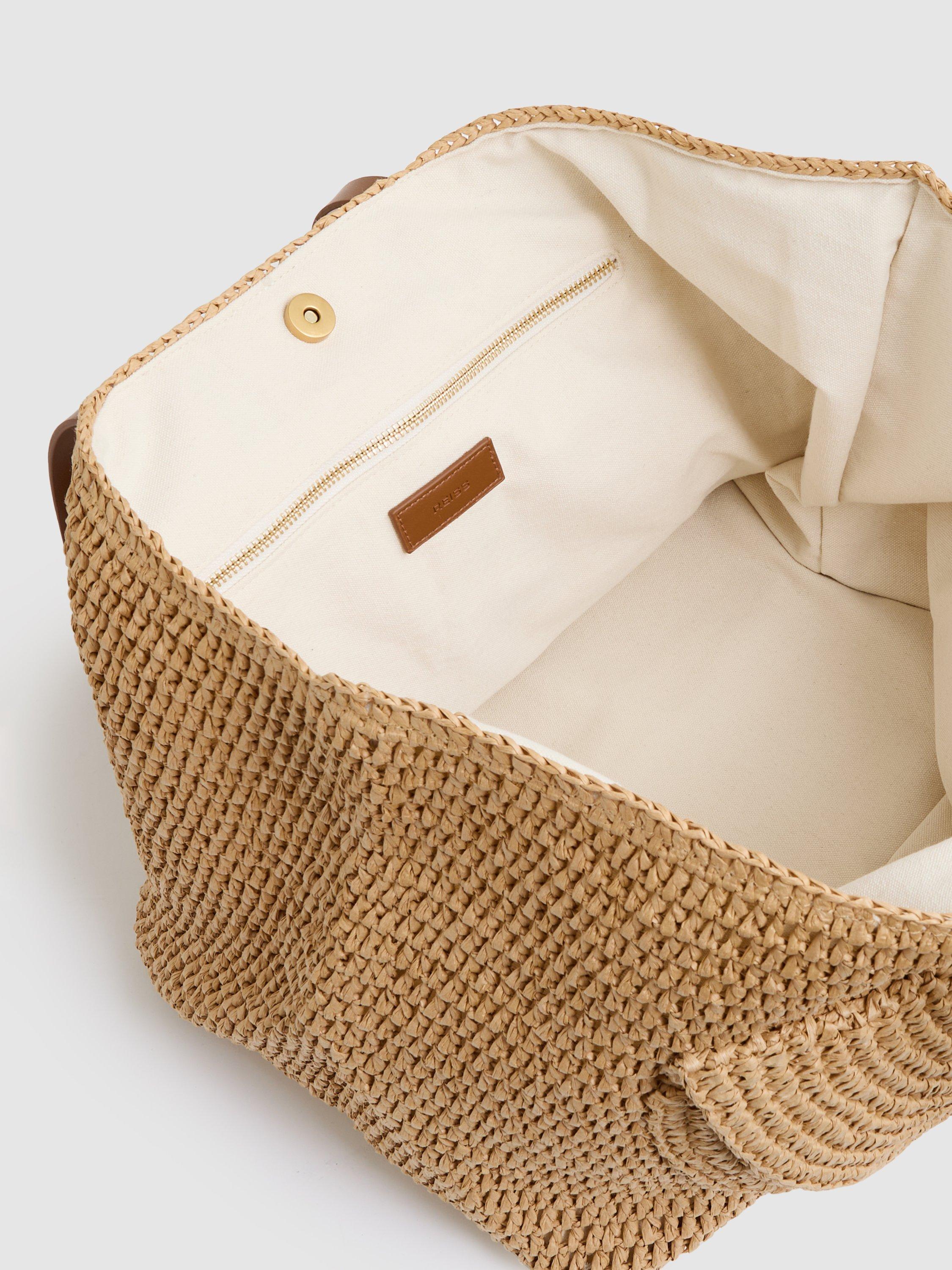 Product image 4 of 5, which shows Reiss Aurora Raffia Flap Pocket Tote Bag, Natural