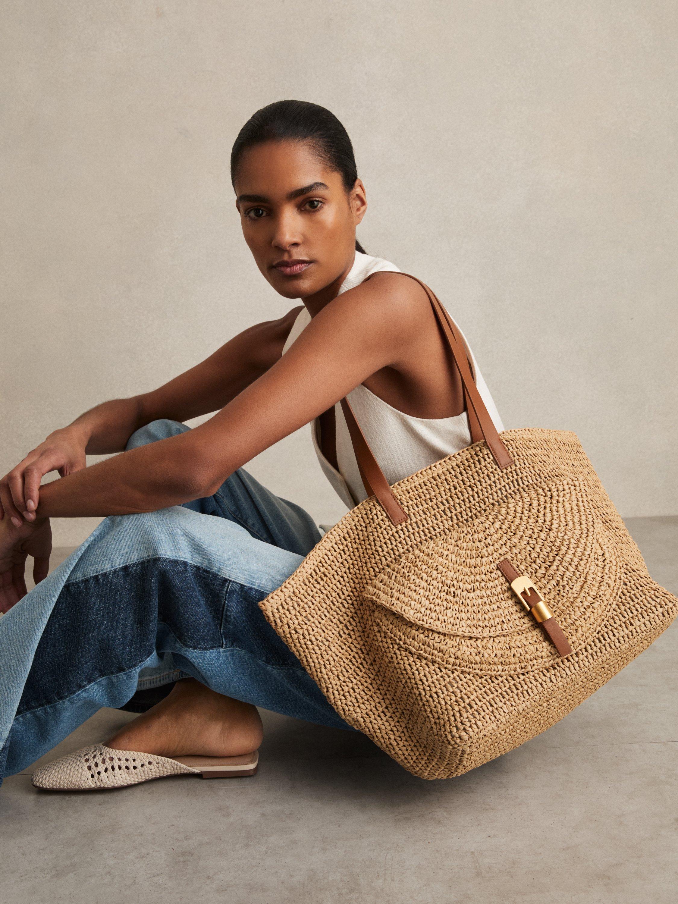Product image 5 of 5, which shows Reiss Aurora Raffia Flap Pocket Tote Bag, Natural