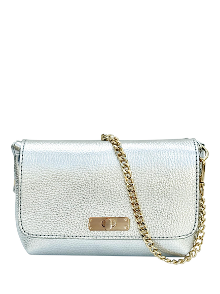 Apatchy London The Maisie Mini Leather Crossbody Bag with Slim Flat Crossbody Strap, Silver
