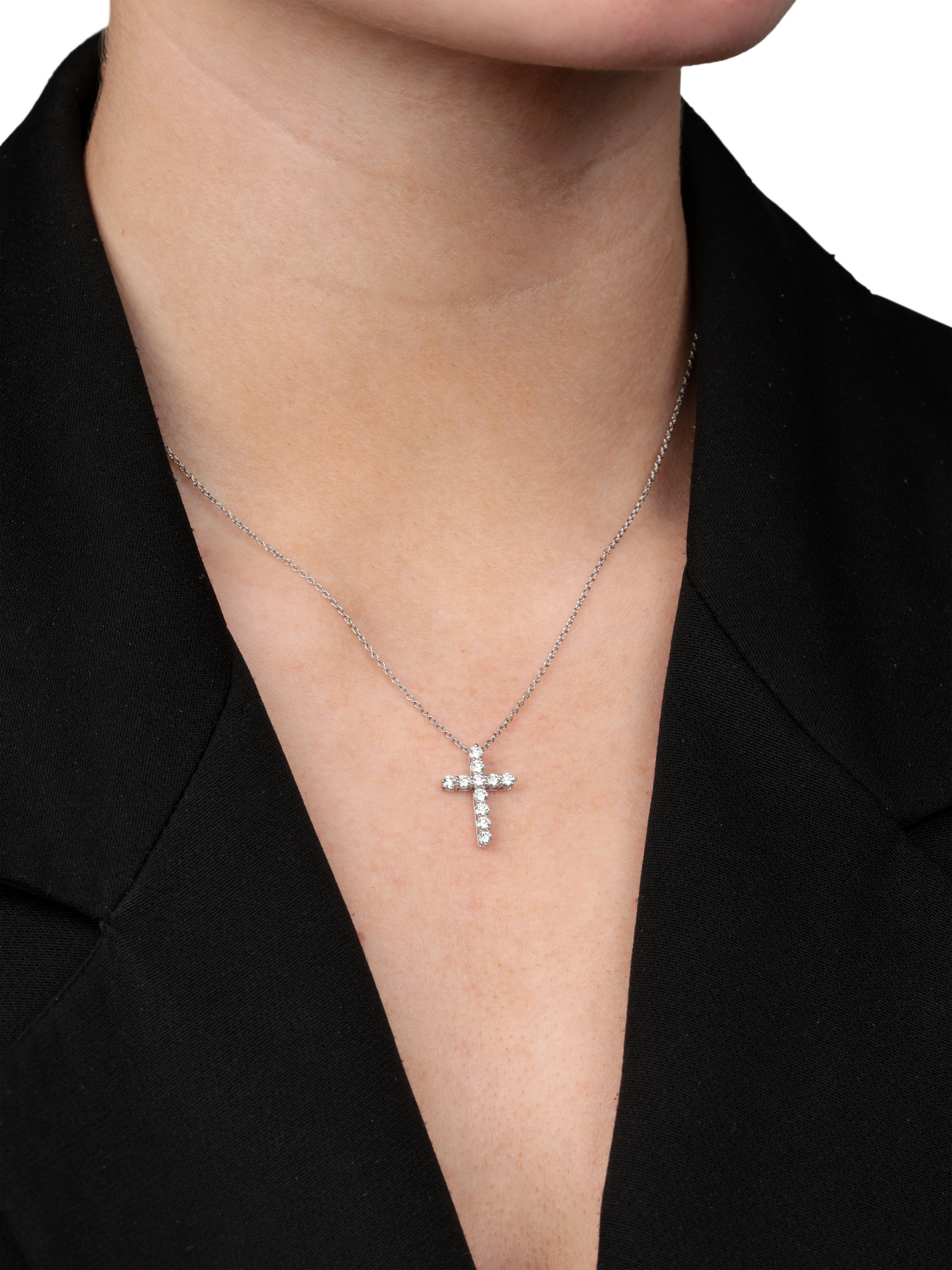 Product image 2 of 5, which shows Pre-loved Tiffany & Co. 0.42ct Brilliant Cut Diamond Platinum Small Cross Pendant Necklace