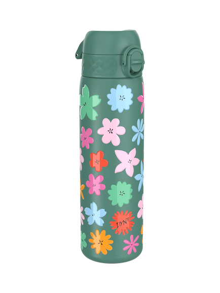 Ion8 Floral Stainless Steel Slim Leak-Proof Drinks Bottle, 600ml, Green/Multi, Green/Multi