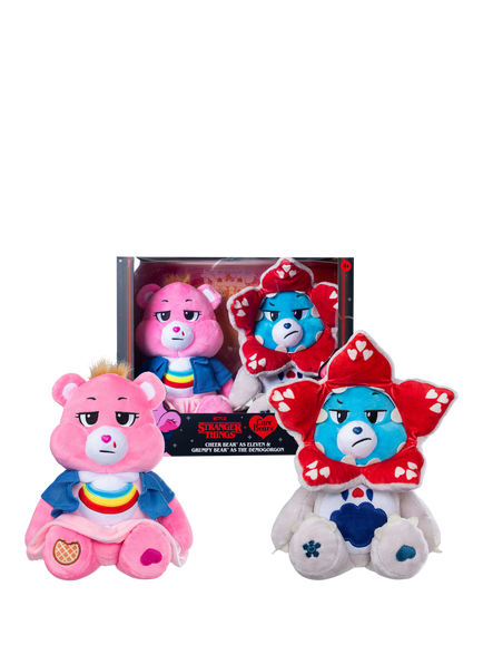 Care Bears x Stranger Things Cheer Bear as Eleven & Grumpy Bear as Demogorgon Plush Soft Toys, Multi