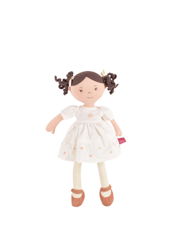 Tikiri Cecilia Dark Brown Hair Rag Doll in Cream Linen Dress, Multi