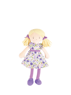 Tikiri Peggy Blonde Hair Rag Doll in Purple Floral Cotton Dress, Multi