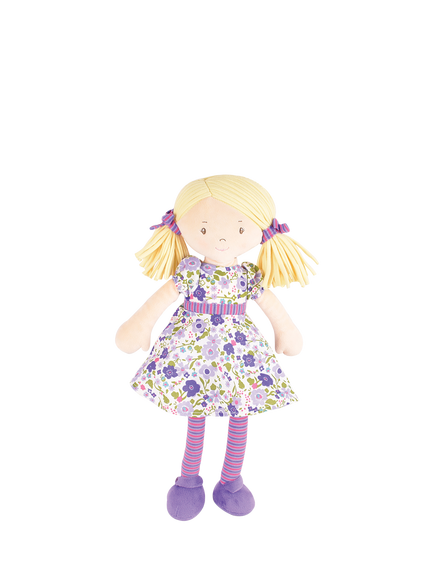 Tikiri Peggy Blonde Hair Rag Doll in Purple Floral Cotton Dress, Multi