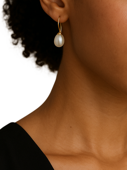 E.W Adams 9ct Yellow Gold Freshwater Pearl Hook Earrings - view 2, Gold/White