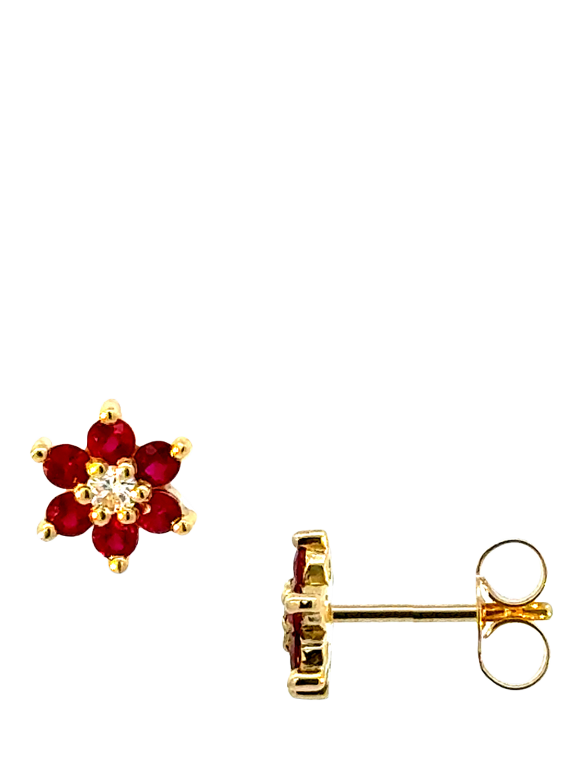 Product image 1 of 2, which shows E.W Adams 18ct Yellow Gold Ruby and Diamond Cluster Flower Stud Earrings