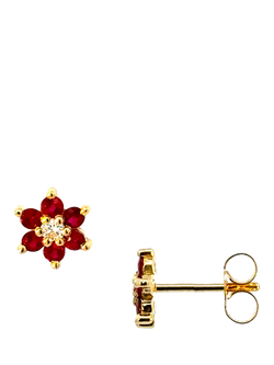 E.W Adams 18ct Yellow Gold Ruby and Diamond Cluster Flower Stud Earrings, Gold/Ruby