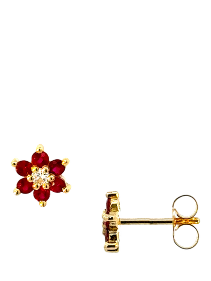 E.W Adams 18ct Yellow Gold Ruby and Diamond Cluster Flower Stud Earrings, Gold/Ruby