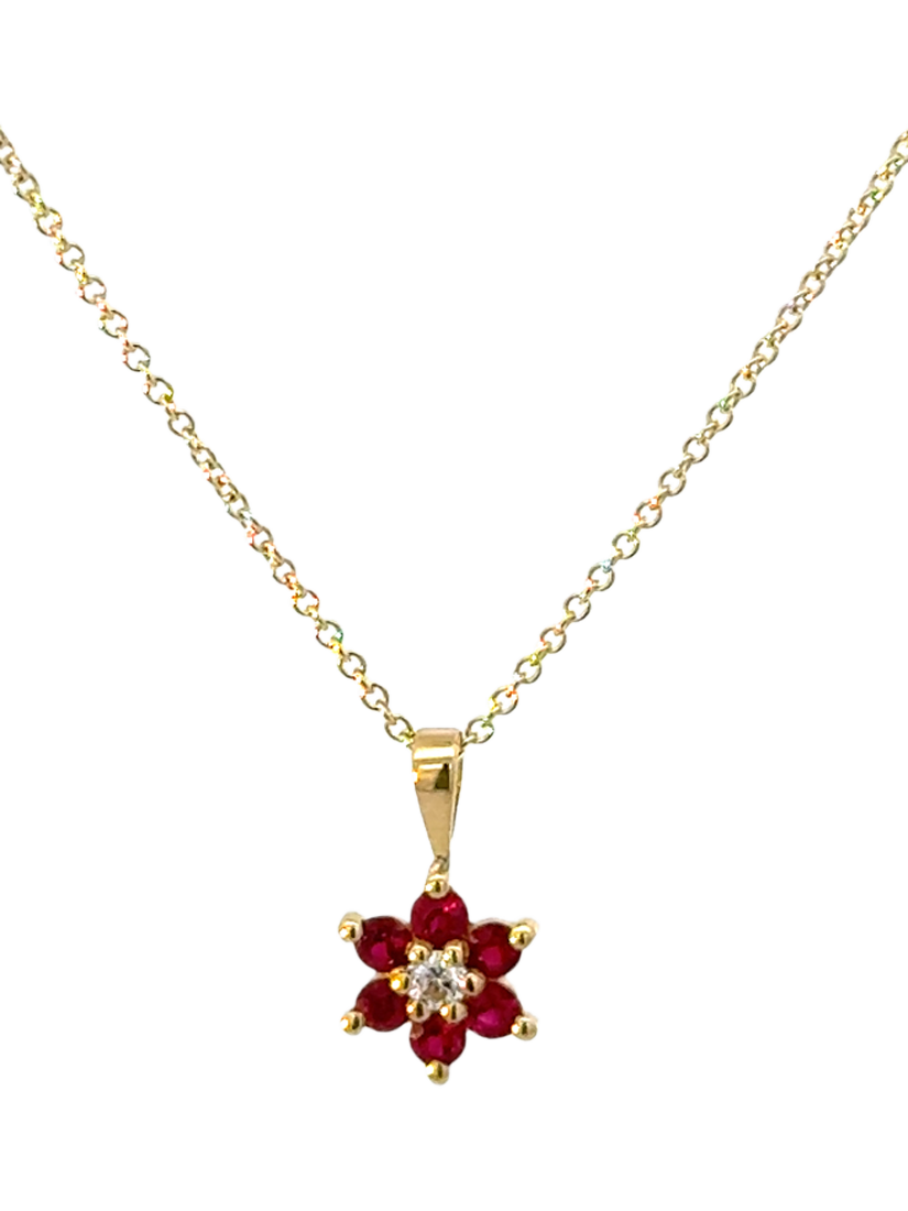 Product image 1 of 2, which shows E.W Adams 18ct Yellow Gold Diamond and Ruby Cluster Pendant