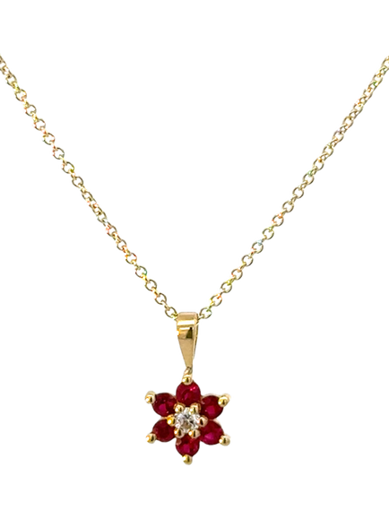 E.W Adams 18ct Yellow Gold Diamond and Ruby Cluster Pendant Necklace, Yellow