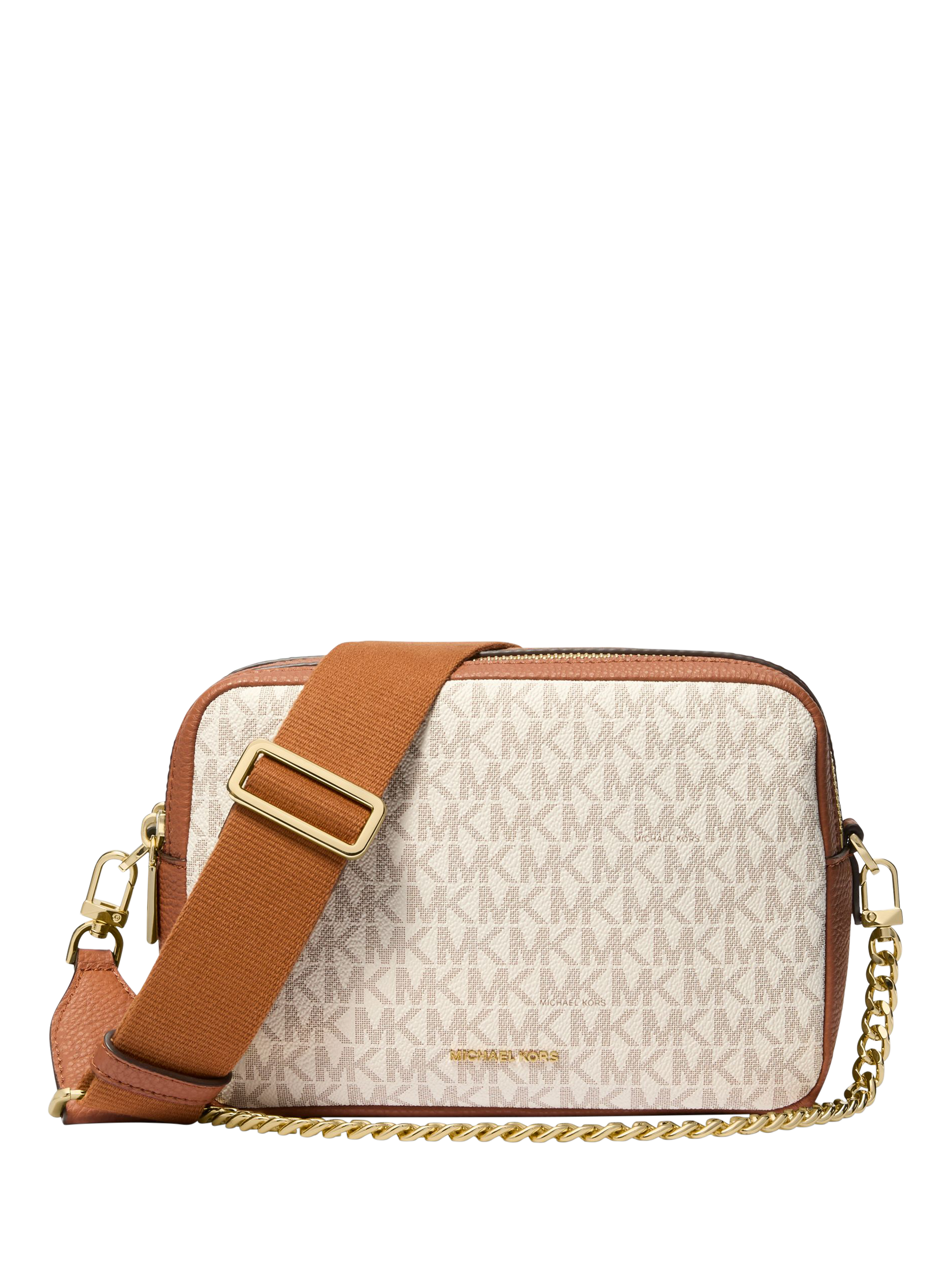 Product image 1 of 5, which shows Michael Kors Bryant Signature Print Cross Body Bag, Vanilla/Acorn