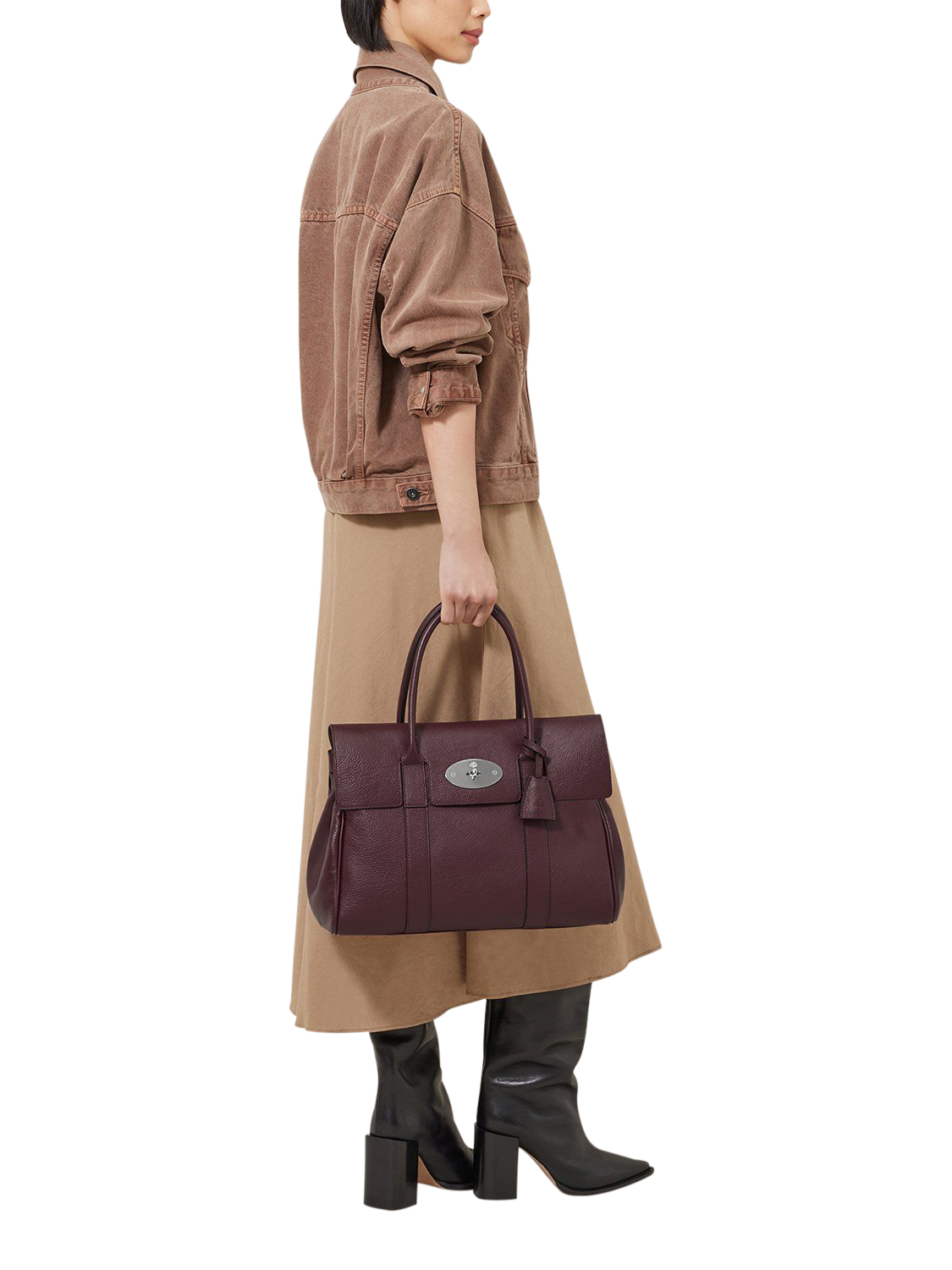 Product image 2 of 6, which shows Mulberry Bayswater Classic Grain Leather Handbag, Black Cherry