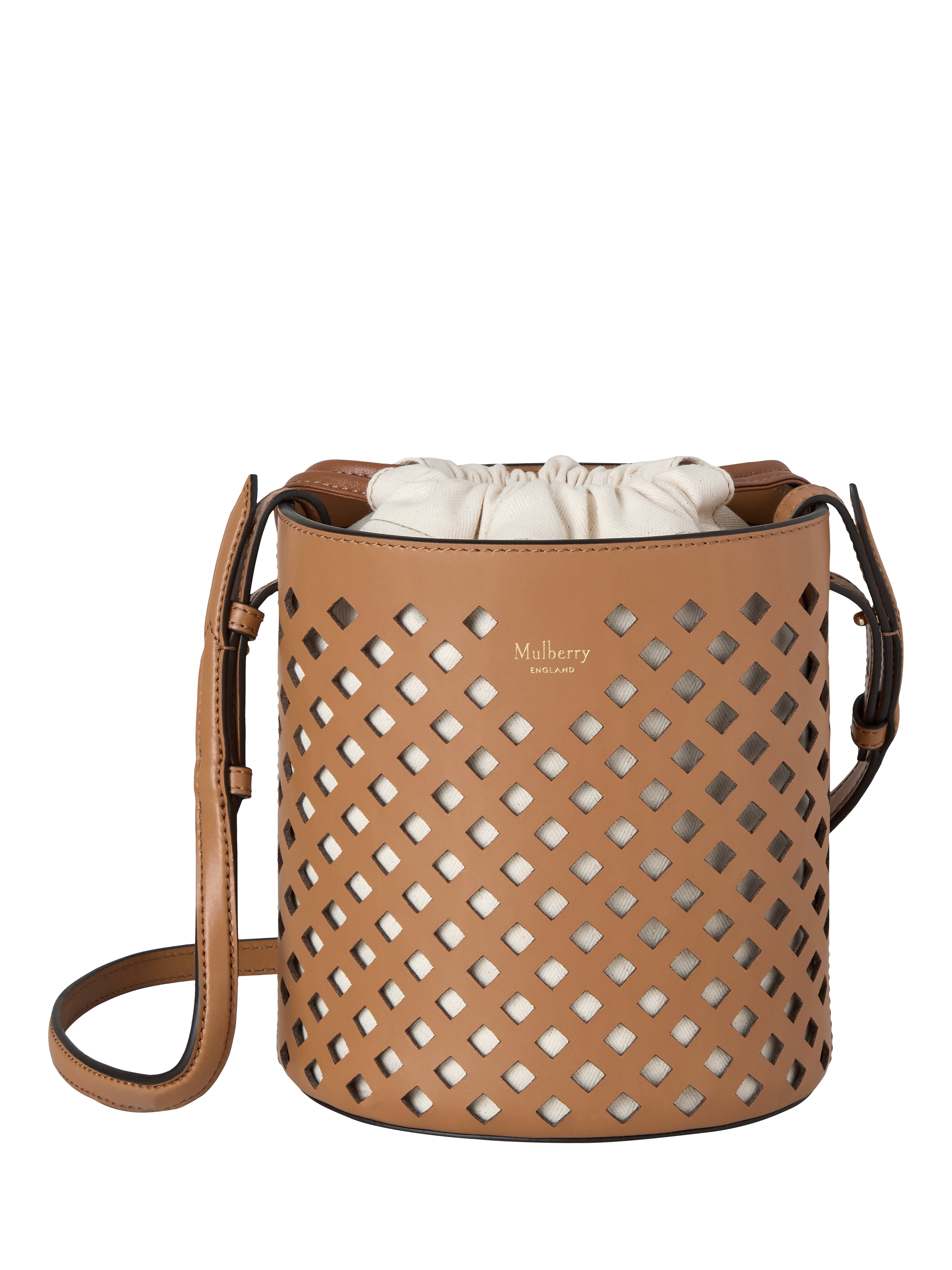 Product image 1 of 5, which shows Mulberry Perforated Leather Bucket Bag, Toffee