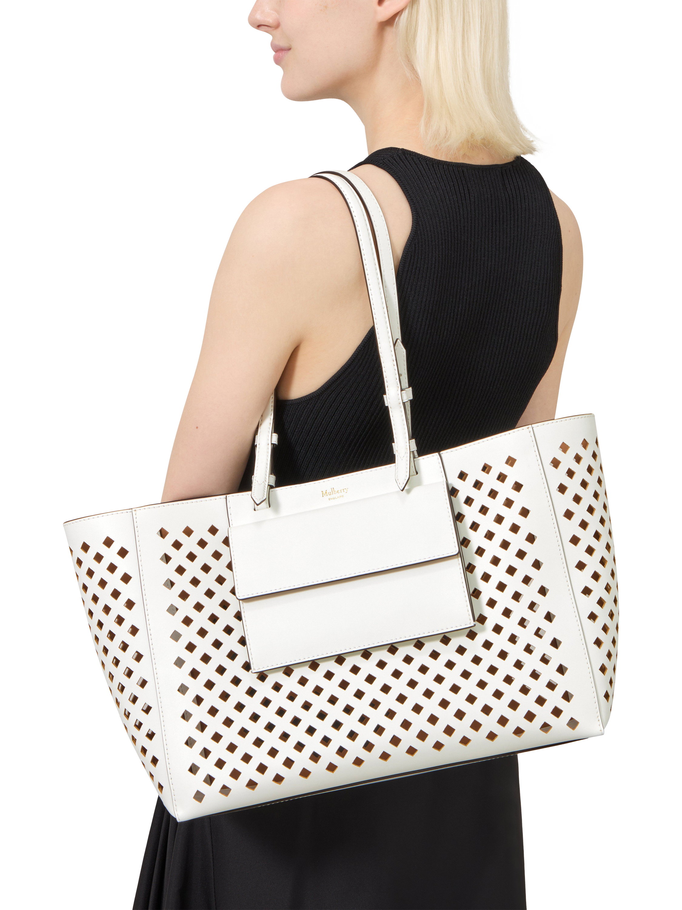 Product image 2 of 7, which shows Mulberry Perforated Leather Tote Bag, White