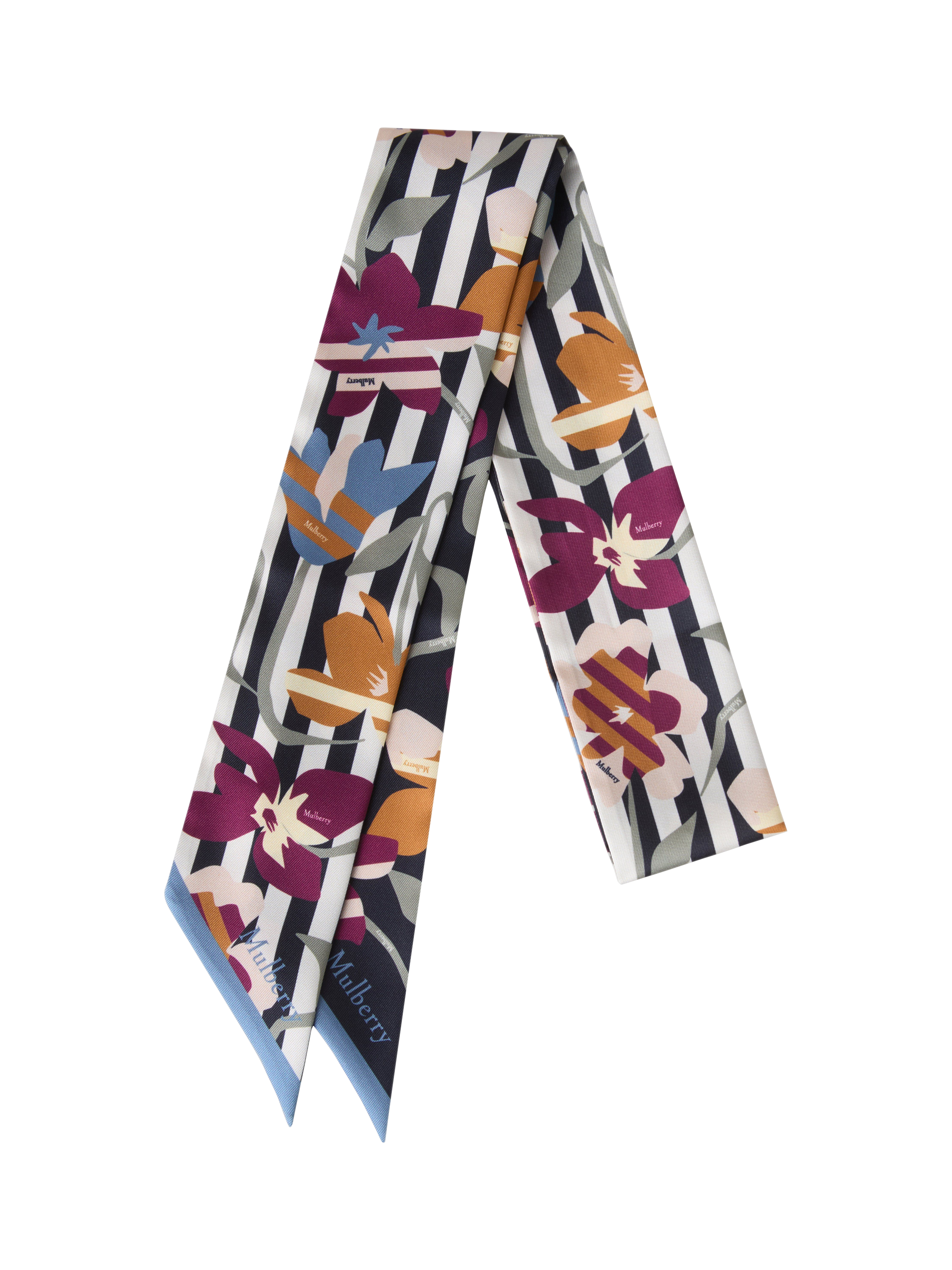 Product image 1 of 2, which shows Mulberry Graphic Floral Print Skinny Scarf, Night Sky/Orchid Bloom