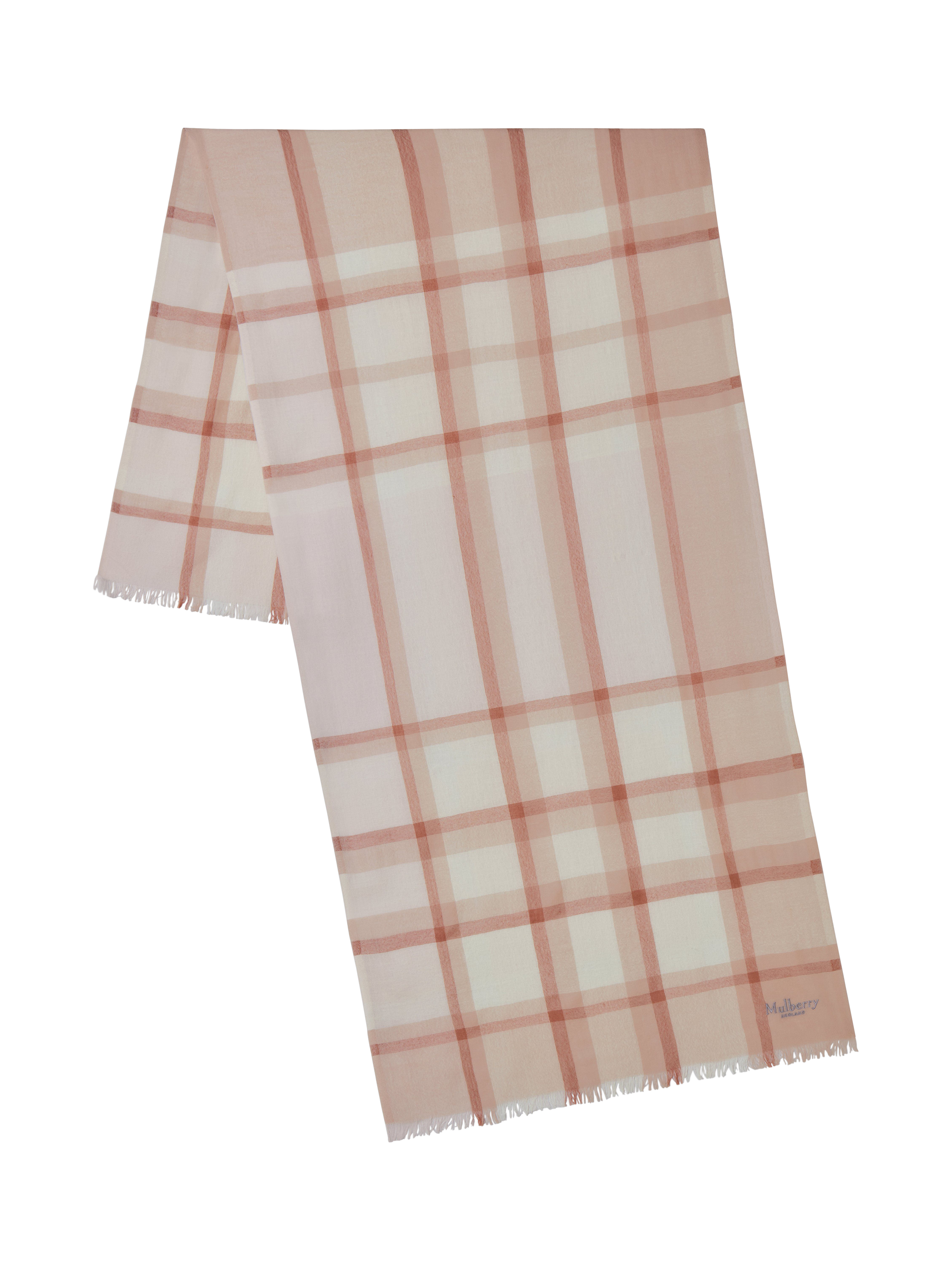 Product image 1 of 3, which shows Mulberry Mega Check Wool Cashmere Scarf, Cashmere Taupe/Eggshell