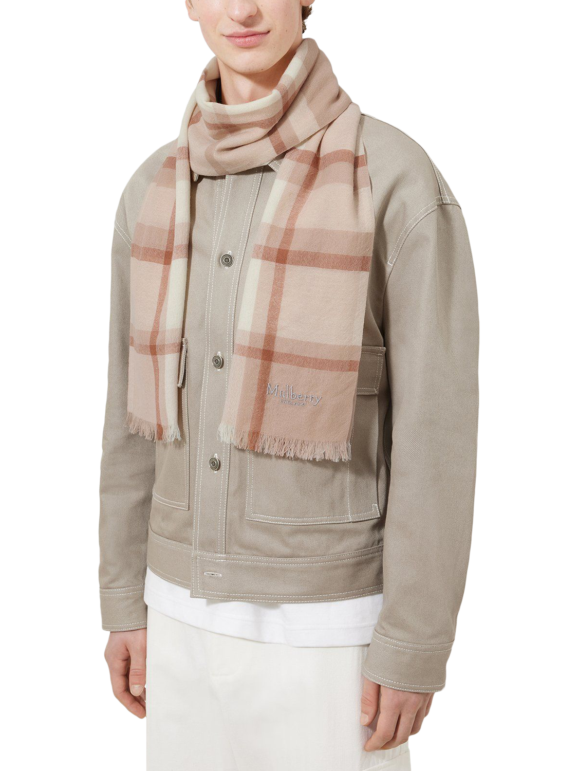 Product image 2 of 3, which shows Mulberry Mega Check Wool Cashmere Scarf, Cashmere Taupe/Eggshell