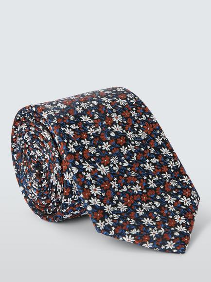 John Lewis Ditsy Floral Silk Tie, Navy/Orange, Navy/Orange