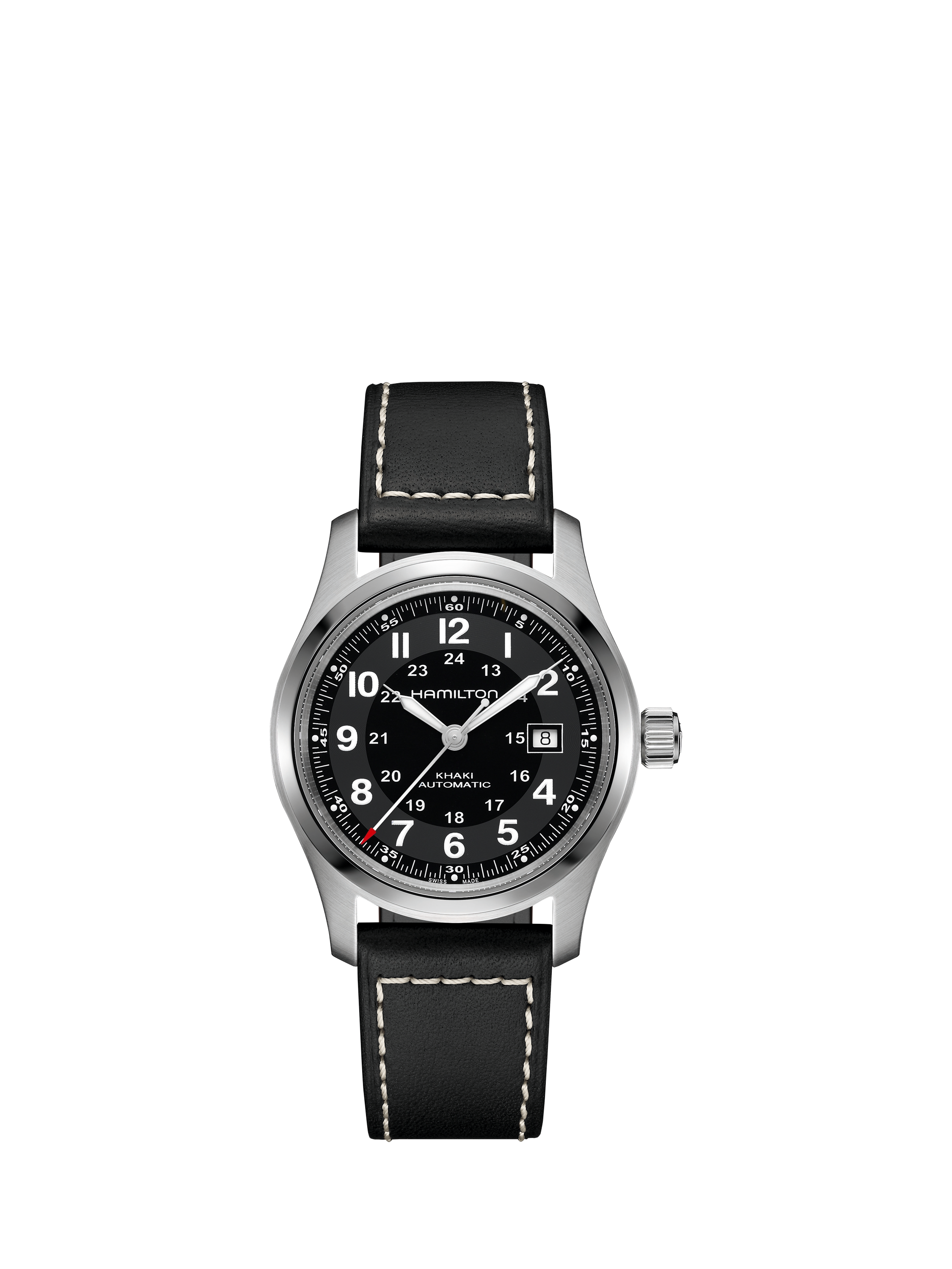 Product image 1 of 5, which shows Hamilton H70605733 Unisex Field Automatic Leather Watch, Black