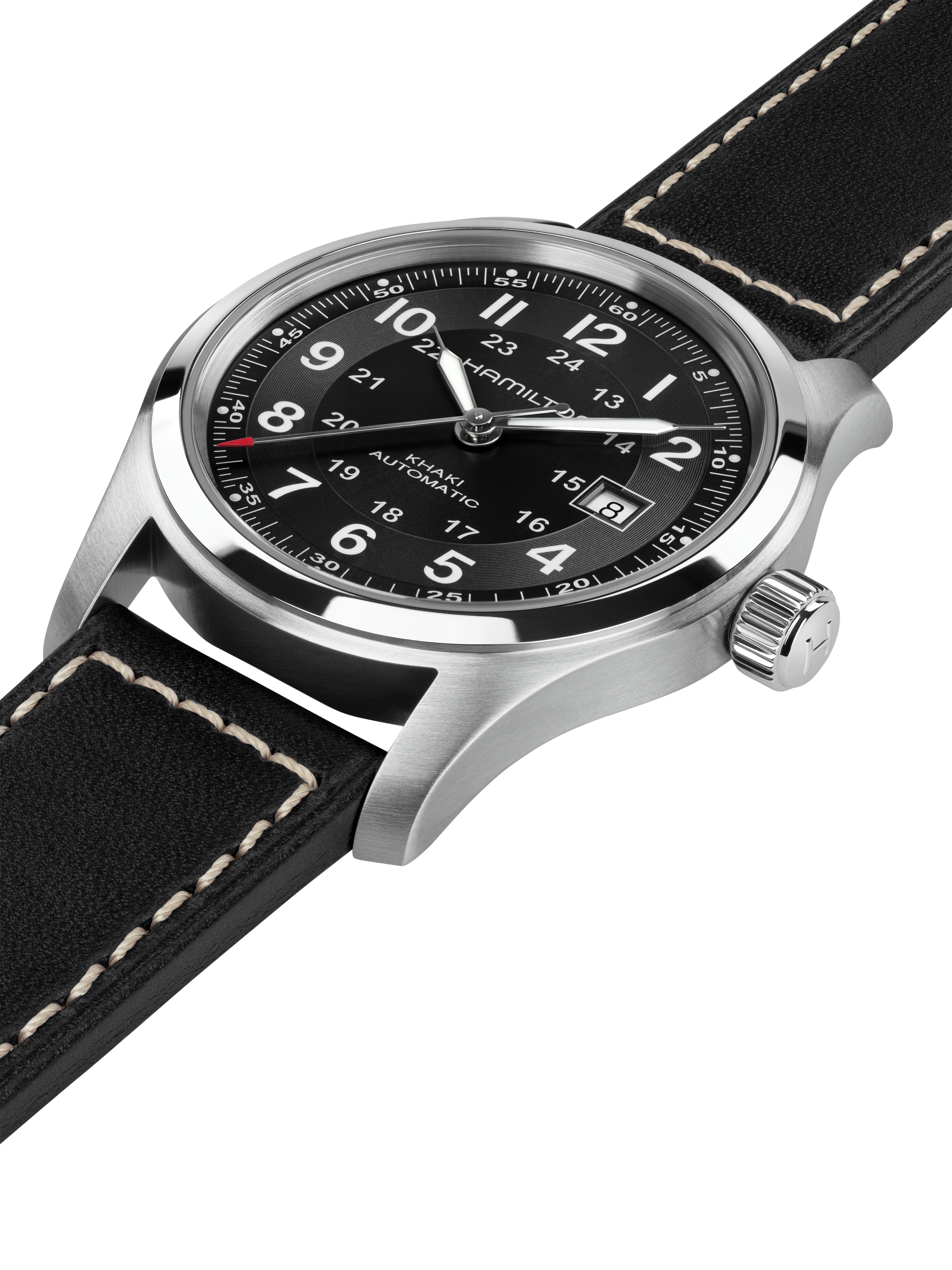Product image 2 of 5, which shows Hamilton H70605733 Unisex Field Automatic Leather Watch, Black