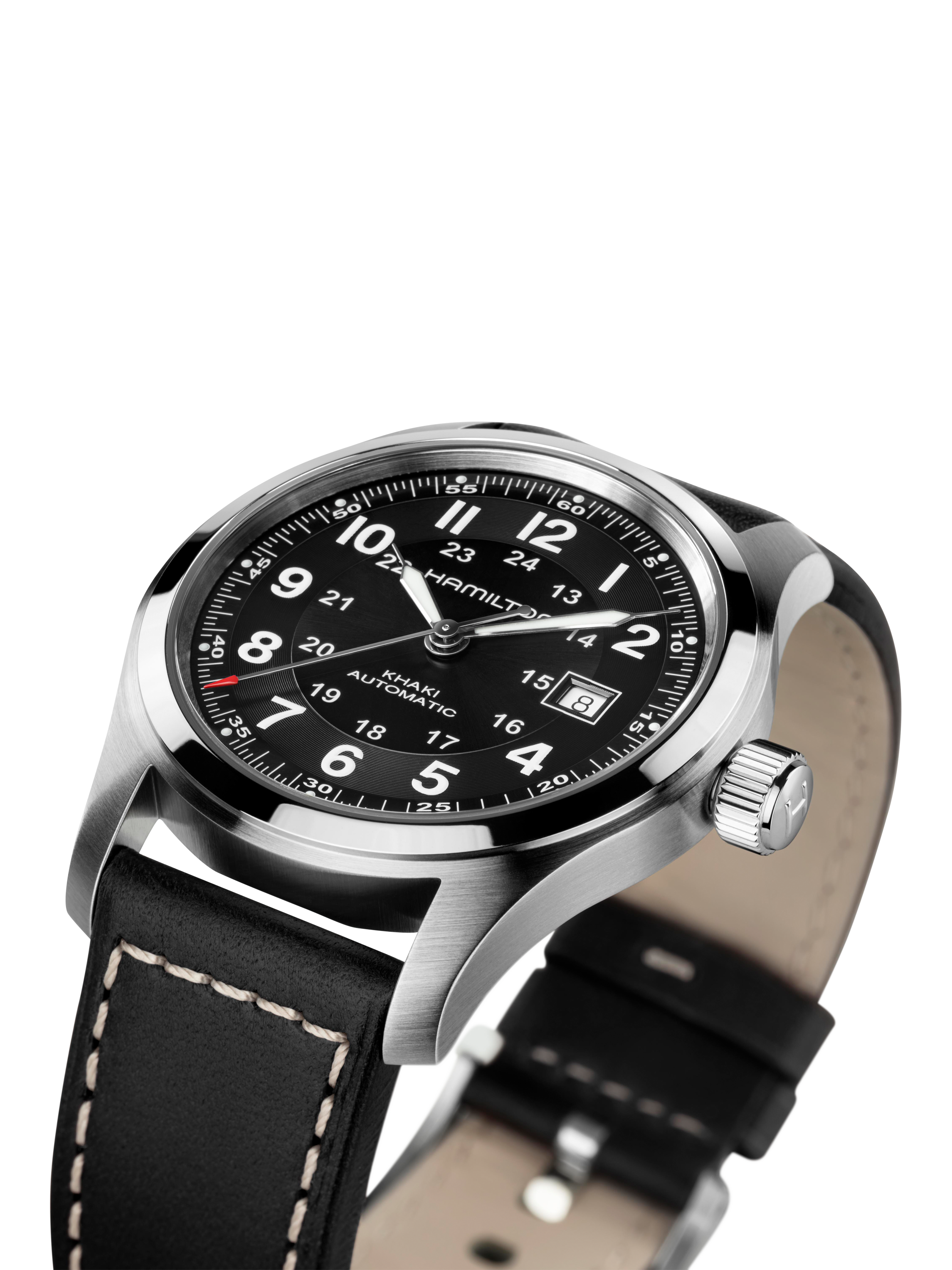 Product image 3 of 5, which shows Hamilton H70605733 Unisex Field Automatic Leather Watch, Black
