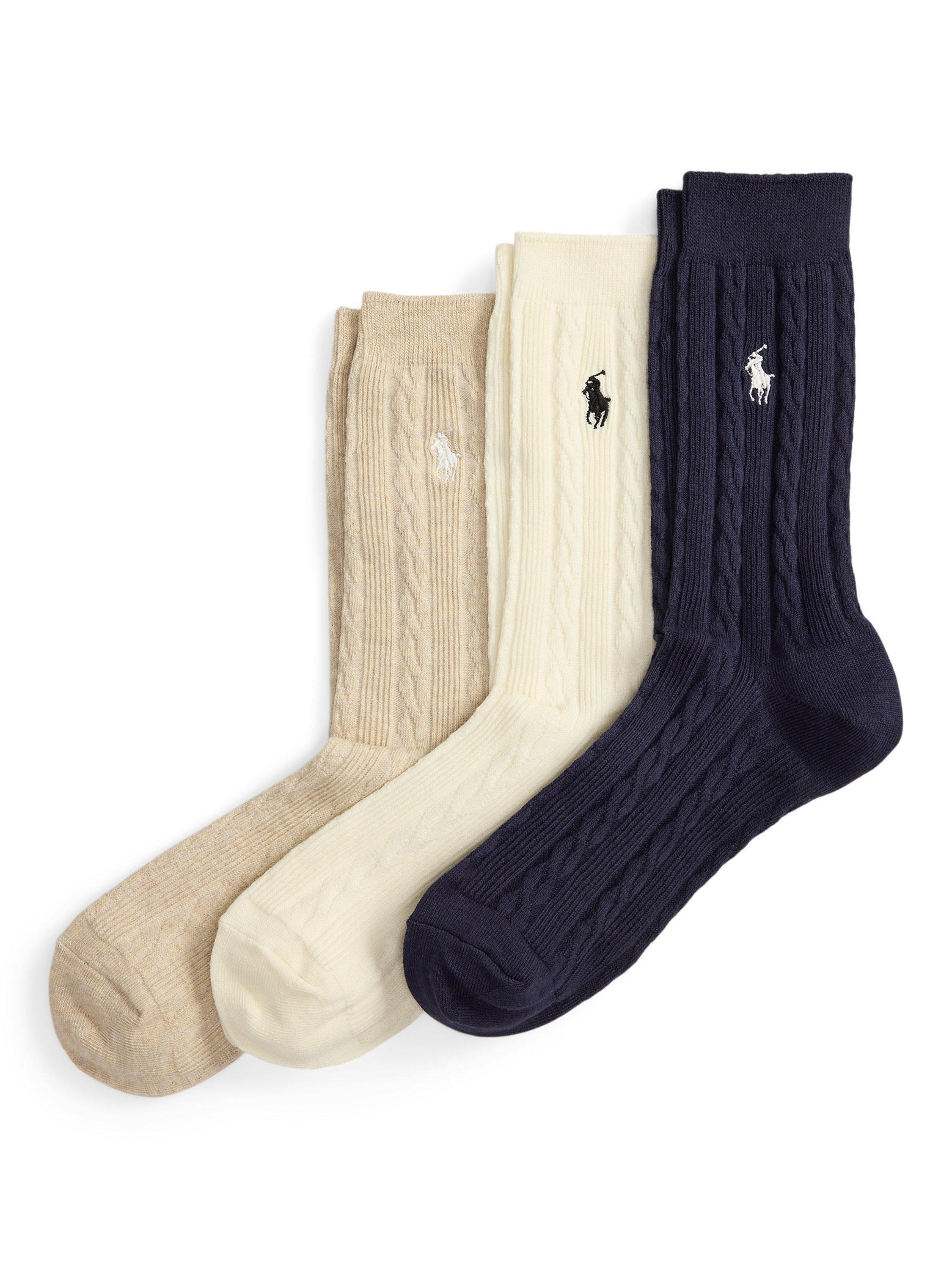 Ralph Lauren Cable Knit Crew Socks, Pack of 3, Navy/Ivory/Camel