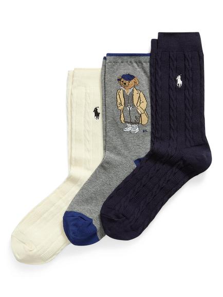 Ralph Lauren Bear Socks, Pack of 3, Navy/Grey/Ivory
