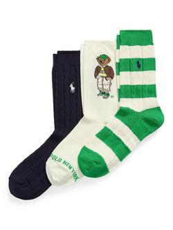 Ralph Lauren Bear Socks Gift Set, Pack of 3, Green/Ivory/Navy