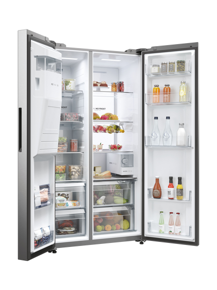 Haier HSW79F18CIMM Freestanding 60/40 American Fridge Freezer, Inox - view 2, Inox